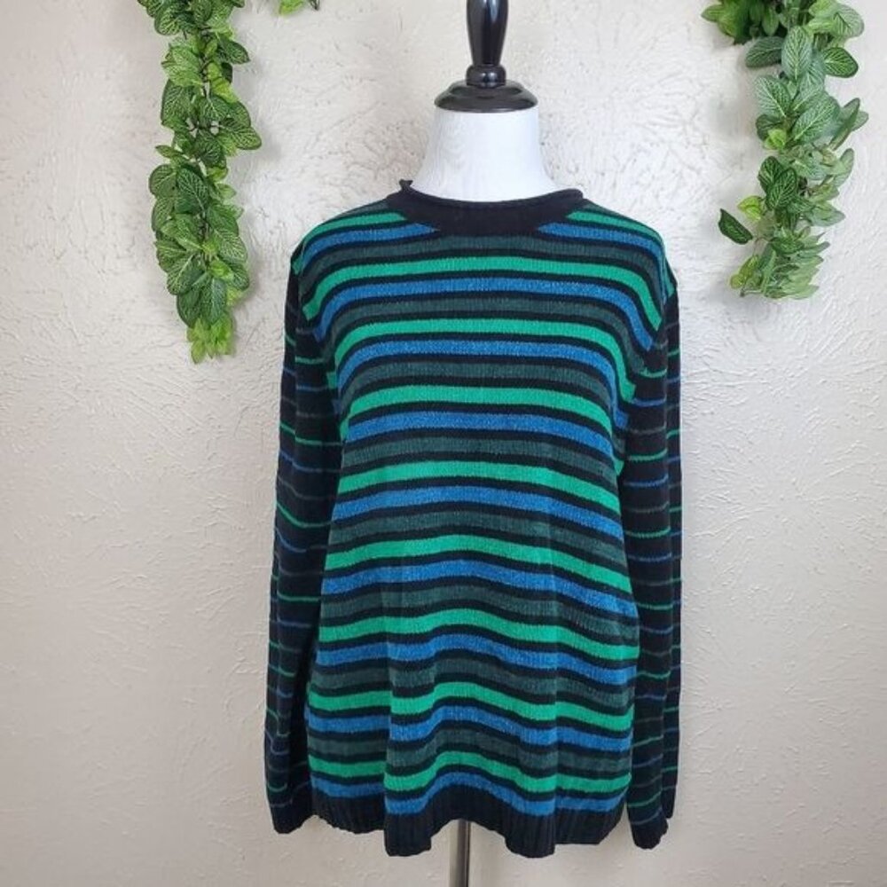 Vintage Karen Scott Festive Striped Green Blue Holiday Sweater Small Long Sleeve